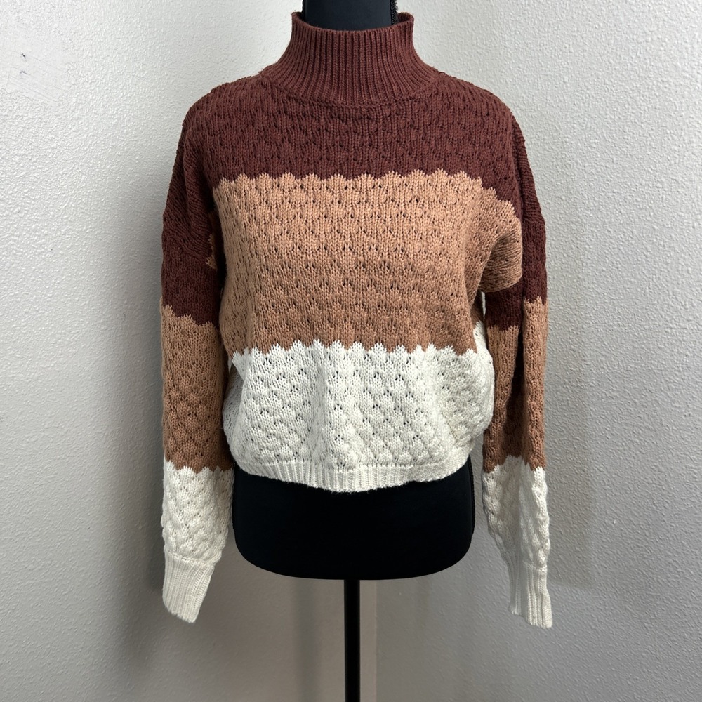 Pink Rose Cable Knit Sweater Women's Small Brown & White Pullover Crop Mock Neck